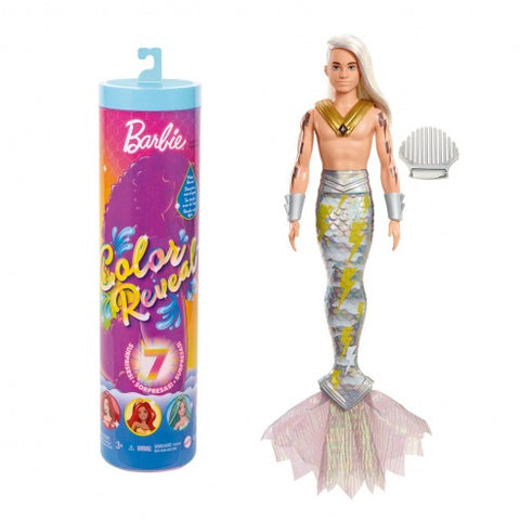 BARBIE COLOR REVEAL MERMAID DOLL--دمية كولور ريفيل بنمط حورية بحر مع 7 مفاجآت بمجرد فتح العبوة: ازرق معدني مع قوس قزح؛ يكشف الماء عن المظهر الكامل وتغيير اللون، باربي