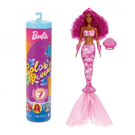 BARBIE COLOR REVEAL MERMAID DOLL--دمية كولور ريفيل بنمط حورية بحر مع 7 مفاجآت بمجرد فتح العبوة: ازرق معدني مع قوس قزح؛ يكشف الماء عن المظهر الكامل وتغيير اللون، باربي