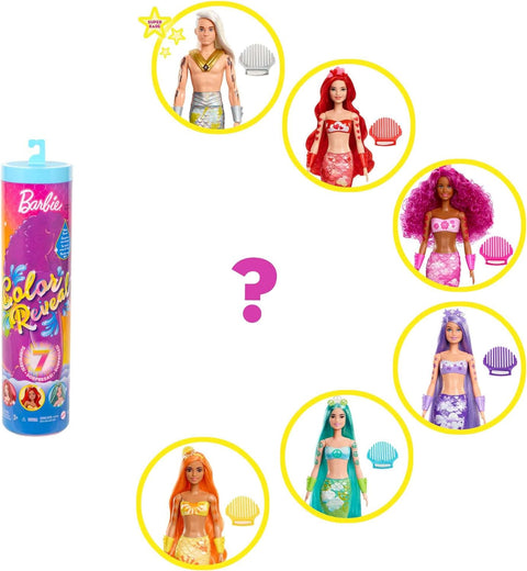 BARBIE COLOR REVEAL MERMAID DOLL--دمية كولور ريفيل بنمط حورية بحر مع 7 مفاجآت بمجرد فتح العبوة: ازرق معدني مع قوس قزح؛ يكشف الماء عن المظهر الكامل وتغيير اللون، باربي