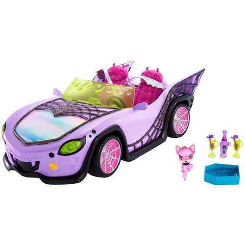 Monster High  Toy Car, Ghoul Mobile  with Pet and Cooler Accessories, Purple Convertible with Spiderweb Details--لعبة سيارة مونستر هاي، غول موبايل مع ملحقات الحيوانات الأليفة والمبرد، قابلة للتحويل باللون الأرجواني مع تفاصيل شبكة العنكبوت