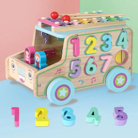 Babylove Xylophone Wooden  Car With Number Shape Letter Multifunctional 33-2243--بيبي لف,سيارة  خشبية اكسلفون مع اشكال وحروف مطابقة متعدد الوظائف