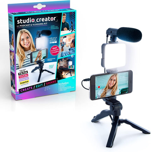 Studio Creator INF 033 Podcast and Vlogging Kit, Phone Holder, LED Light, Microphone + Tripod--ستوديو كريتور مجموعة المدونات الصوتية ومدونات الفيديو ، بلاستيك