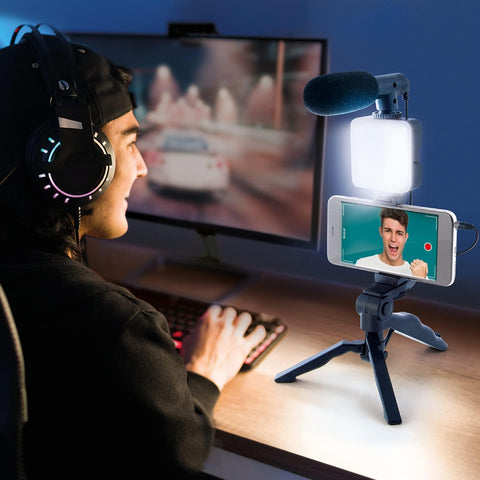 Studio Creator INF 033 Podcast and Vlogging Kit, Phone Holder, LED Light, Microphone + Tripod--ستوديو كريتور مجموعة المدونات الصوتية ومدونات الفيديو ، بلاستيك