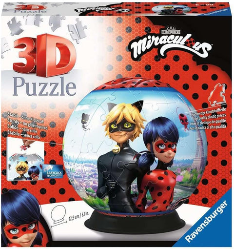 Ravensburger Puzzle-Ball Miraculous 72pcs--ريفينز بيرغر احجية جيغسو ثلاثية الابعاد من ميراكيلوس تيلز اوف ليدي باج اند كات نوار للاطفال 72 قطعة