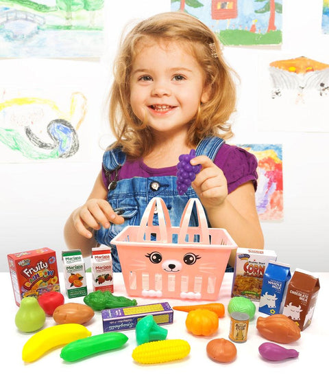 KITTY BASKET WITH 16 PCS OF PLAYFOOD & 7 PCS FOOD BOXES--سلة قطط تحتوي على 16 قطعة من طعام اللعب و7 قطع من صناديق الطعام