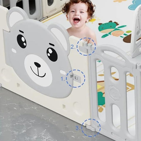 BABYLOVE FOLDABLE PLAYPEN 14+2+ PLAYPEN+HOUSE PLAYPEN HOUSE SIZE GREY 28-XG0-11B--بيبي لف بيت العاب للأطفال شكل دب مع كوخ كبير قابلة للطي رصاصي