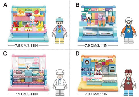 Sluban Mini Handcraft Series - Shops Building Blocks (8 in One Box) With Mini Figures--سلسلة سلوبان الصغيرة للحرف اليدوية - مكعبات بناء المتاجر (8 في صندوق واحد) مع شخصيات صغيرة