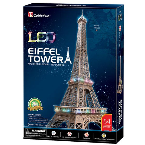 CubicFun France LED Architecture Model Building Kits 3D Puzzles for Adults, DIY Papercraft Lighting Paris Eiffel Tower Decoration Gift Game Toy, 84 Pieces --أحجية ثلاثية الأبعاد لبرج إيفل 84 قطعة ، من كيوبيك فن، ألوان متعددة