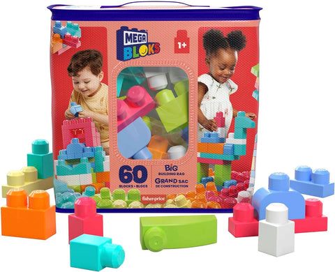 MEGA BLOKS  Big Building Bag building set with 60 big and colourful building blocks--مجموعة بناء حقيبة البناء الكبيرة من ميجا بلوكس تحتوي على 60 قطعة بناء كبيرة وملونة