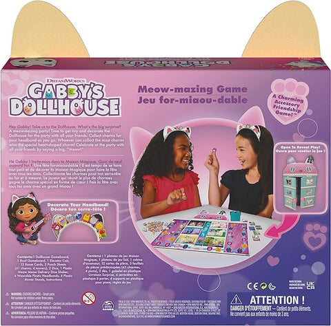 Gabby’s Dollhouse, Meow-mazing Board Game Based on the DreamWorks Netflix Show with 4 Kitty Headband--لعبة بيت دمى غابيز دولهاوس العاب لوحية دريم ووركس