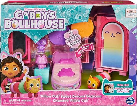 Gabby's Dollhouse Sweet Dreams Bedroom with Pillow Cat Figure and 3 Accessories-- غابيز دولهاوس مجسم قطة مع وسادة من سويت دريمز مع 3 اكسسوارات، 3 قطع اثاث و2 توصيل