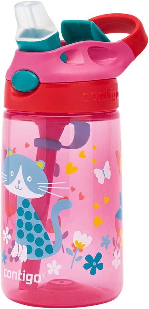 Contigo Autoseal Kids Gizmo Flip 414 ML,-Pink--كونتيجو زجاجة مياه للاطفال من جيزمو بتصميم فراشة قابلة للطي بفوهة شرب تلقائية مع ماصة