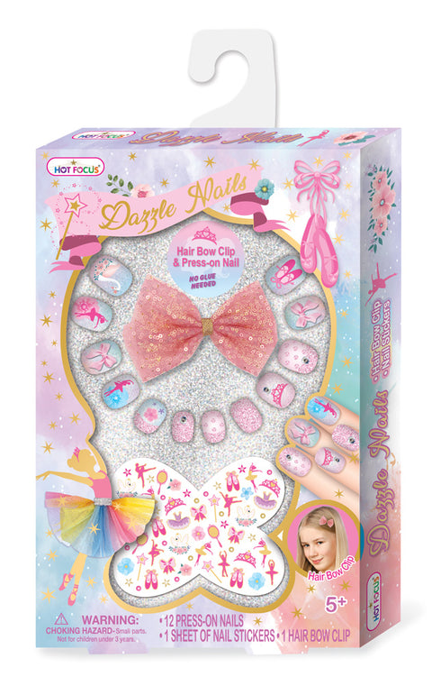 Hot Focus-Dazzle Nails + Hair Bow Clip/Nail Stickers(Ballerina)--اظافر ومشبك شعر وملصقات من هوت فوكس