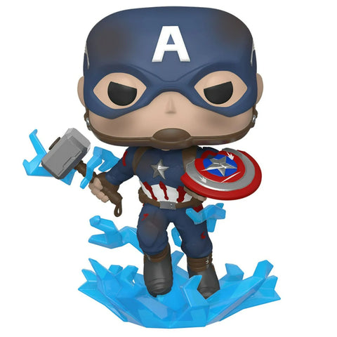 Funko Pop! Marvel: Endgame Captain America with Broken Shield and Mjolnir, Action Figure  - Capt A w/ Broken Shield--فانكو بوب. مارفيل: مجسم شخصية كابتن امريكا مع درع مكسور و ميولنير ، من اند جيم، فينيل، متعدد الألوان