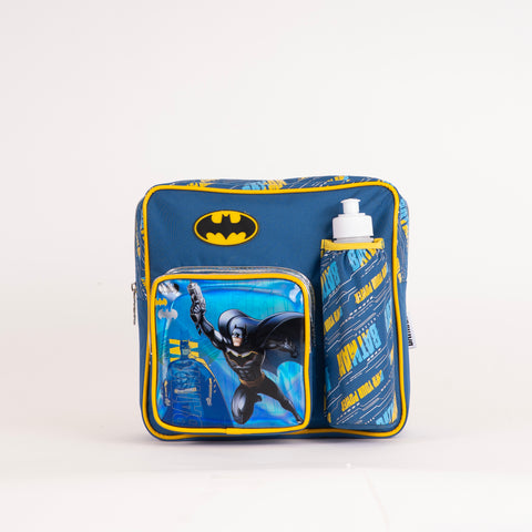 BATMAN Insulated Kinder Backpack BATMAN with Water Bottle, Lunch Box and Fork&Spoon 11 Inch Purple--شنطة ظهر باتمان 11 انش مع زمزمية ولنش بوكس وشوكة وملعقة