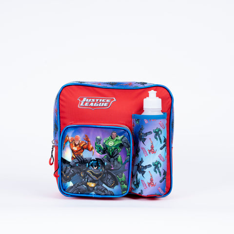 JUSTICE LEAGUE Insulated Kinder Backpack JUSTICE LEAGUE with Water Bottle, Lunch Box and Fork&Spoon 11 Inch--شنطة ظهر فرقة العدالة 11 انش مع زمزمية ولنش بوكس وشوكة وملعقة