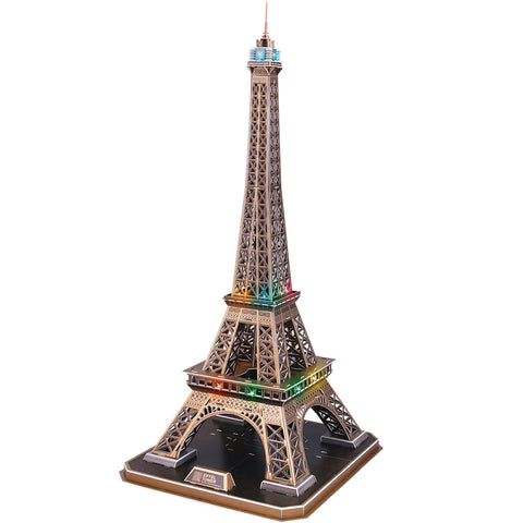 CubicFun France LED Architecture Model Building Kits 3D Puzzles for Adults, DIY Papercraft Lighting Paris Eiffel Tower Decoration Gift Game Toy, 84 Pieces --أحجية ثلاثية الأبعاد لبرج إيفل 84 قطعة ، من كيوبيك فن، ألوان متعددة