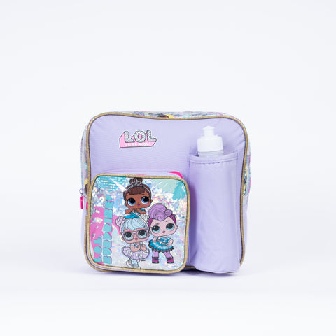 LOL Insulated Kinder Backpack LOL with Water Bottle, Lunch Box and Fork&Spoon 11 Inch--شنطة ظهر لول 11 انش مع زمزمية ولنش بوكس وشوكة وملعقة