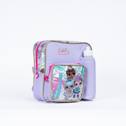 LOL Insulated Kinder Backpack LOL with Water Bottle, Lunch Box and Fork&Spoon 11 Inch--شنطة ظهر لول 11 انش مع زمزمية ولنش بوكس وشوكة وملعقة