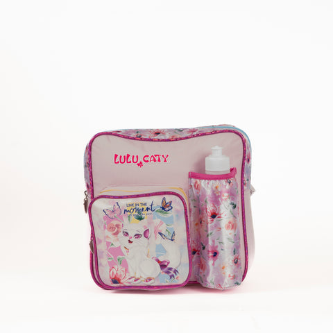 LULU CATY Insulated Kinder Backpack LULU CATY with Water Bottle, Lunch Box and Fork&Spoon 11 Inch--شنطة ظهر لولو كاتي 11 انش مع زمزمية ولنش بوكس وشوكة وملعقة