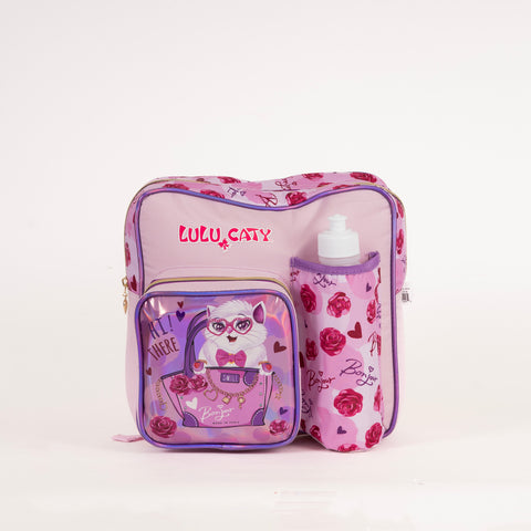 LULU CATY Insulated Kinder Backpack LULU CATY with Water Bottle, Lunch Box and Fork&Spoon 11 Inch Pink--حقيبة مدرسة بشخصية لول كاتي