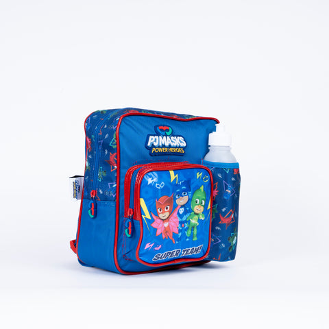 PJ MASK Insulated Kinder Backpack PJ MASK with Water Bottle, Lunch Box and Fork&Spoon 11 Inch--شنطة ظهر بي جي ماسك  11 انش مع زمزمية ولنش بوكس وشوكة وملعقة