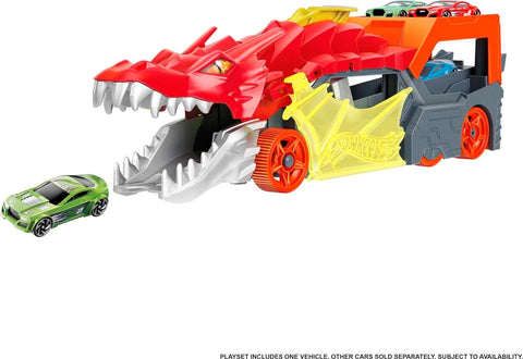 Hot Wheels  City Dragon Launch Transporter, Spits Toy Cars from its Mouth, Connects to Other Sets, Holds up to 5 Toy Vehicles, Includes 1 Hot Wheels , Gift for Kids 3 Years & Up--لعبة دراجون لانش ترانسبورتر من هوت ويلز