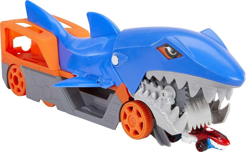 Hot Wheels  Shark Chomp Transporter Playset with One 1:64 Scale Car for Kids 4 to 8 Years Old, Shark Bite  Hauler Picks Up Cars in Its Jaws & Stores Up to Five in its Belly--مجموعة العاب ناقلة على شكل القرش تشومب من هوت ويلز مع سيارة بمقياس 1:64