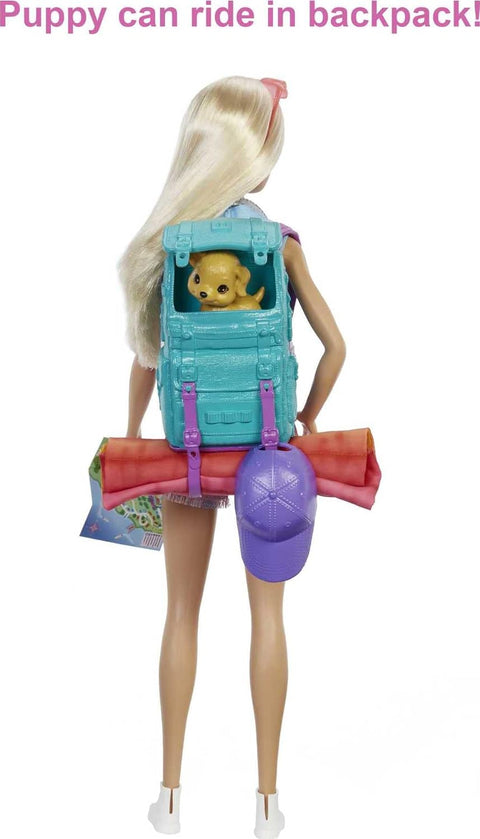 BARBIE CAMPING DOLL AND ACCESSORIES --دمية باربي وإكسسواراتها، دمية تخييم "ماليبو" مع جرو أليف وأكثر من 10 إكسسوارات