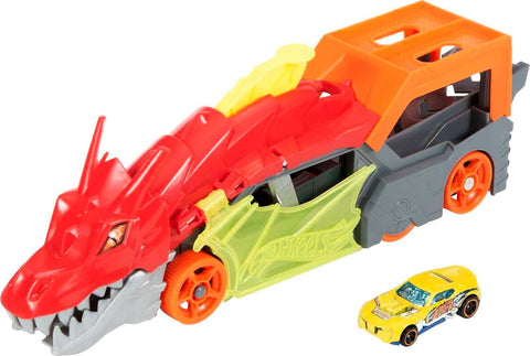 Hot Wheels  City Dragon Launch Transporter, Spits Toy Cars from its Mouth, Connects to Other Sets, Holds up to 5 Toy Vehicles, Includes 1 Hot Wheels , Gift for Kids 3 Years & Up--لعبة دراجون لانش ترانسبورتر من هوت ويلز