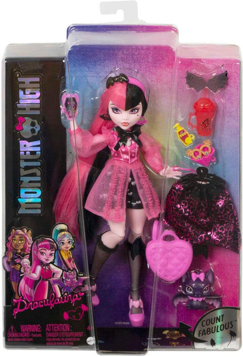 Monster High  Doll, Draculaura  with Accessories and Pet Bat, Posable Fashion Doll with Pink and Black Hair--دمية مونستر هاي، دراكولا مع إكسسوارات وخفاش للحيوانات الأليفة، دمية عصرية قابلة لاتخاذ الوضعيات بشعر وردي وأسود