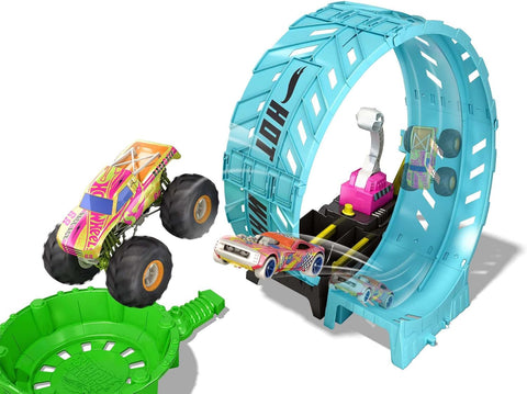 Monster Trucks Glow in the Dark Epic Loop Challenge  Playset with Launcher, Ramp & Giant Loop, Includes 1 1:64 Scale Die-Cast Truck & 1 Car, Toy Gift for Kids 4 to 8 Years Old -- مجموعة شاحنات ضخمة تتوهج في الظلام مع قاذف ومنحدر وحلقة عملاقة من هوت ويلز،