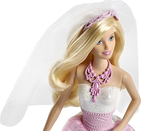 BARBIE BRIDE DOLL IN WHITE AND PINK DRESS --عروسة باربي بفستان أبيض ووردي مع حجاب وباقة زهور