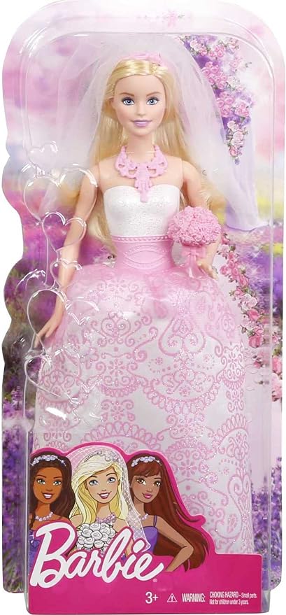 BARBIE BRIDE DOLL IN WHITE AND PINK DRESS --عروسة باربي بفستان أبيض ووردي مع حجاب وباقة زهور