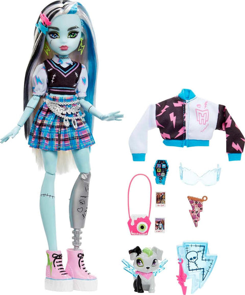 Monster High  Doll, Frankie Stein  with Accessories and Pet, Posable Fashion Doll with Blue and Black Streaked Hair --دمية مونستر هاي، فرانكي ستاين مع إكسسوارات وحيوانات أليفة، أزياء يمكن وضعها