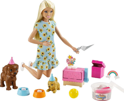 BARBIE DOLL AND PUPPY PARTY PLAYSET --مجموعة لعب حفلة دمية باربي (11.5 بوصة شقراء) وجرو مع جروين أليفين وعجينة وقالب كعكة وإكسسوارات