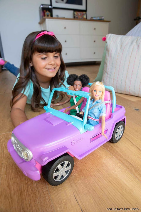 Barbie  Off-Road Vehicle, Purple with Pink Seats and Rolling Wheels, 2 Seats, Gift for 3 to 7 Year Olds--سيارة باربي للطرق الوعرة، أرجوانية اللون مع مقاعد وردية وعجلات دوارة، مقعدين، هدية للأطفال من سن 3 إلى 7 سنوات