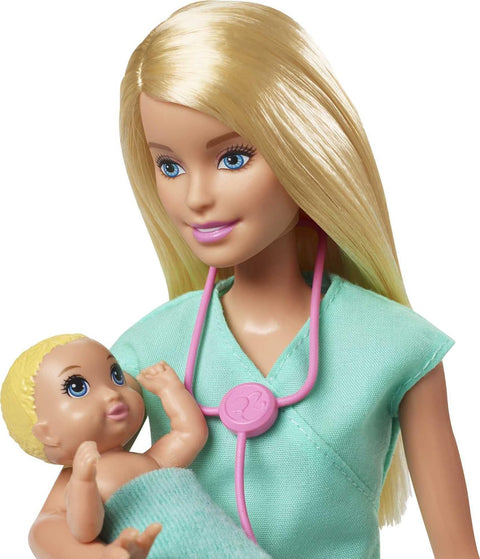 BARBIE BABY DOCTOR PLAYSET WITH BLONDE DOLL --مجموعة اللعب باربي طبيبة الأطفال مع دمية شقراء ودميتان للرضع، لعبة