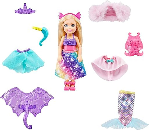 BARBIE DREAMTOPIA CHELSEA SET WITH 12 PCS --مجموعة دمية باربي دريم توبيا تشيلسي مع 12 قطعة أزياء مستوحاة من الأميرات وحوريات البحر ووحيد