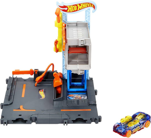 Hot Wheels  City Downtown Repair Station Playset with 1 Hot Wheels  Car, Connects to Other Sets & Tracks, Gift for Kids Ages 4 to 8 Years Old--لعبة محطة اصلاح سيارات سيتي داون تاون قابلة للتجميع مع سيارة واحدة من هوت ويلز