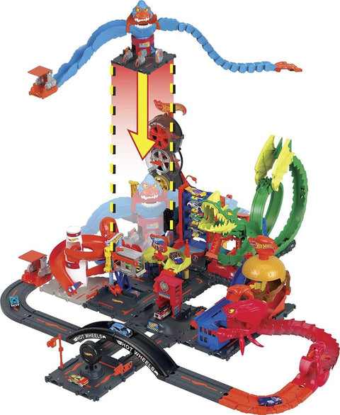 Hot Wheels  City Wreck & Ride Gorilla Attack  with 1 Hot Wheels  Car, Connects to Other Sets, Gas Station-Themed Set, Gift for Kids 4 to 8 Years Old--ماتييل هوت ويلز سيتي نيمسيس غوريلا كاراج