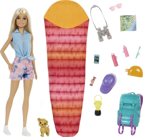 BARBIE CAMPING DOLL AND ACCESSORIES --دمية باربي وإكسسواراتها، دمية تخييم "ماليبو" مع جرو أليف وأكثر من 10 إكسسوارات