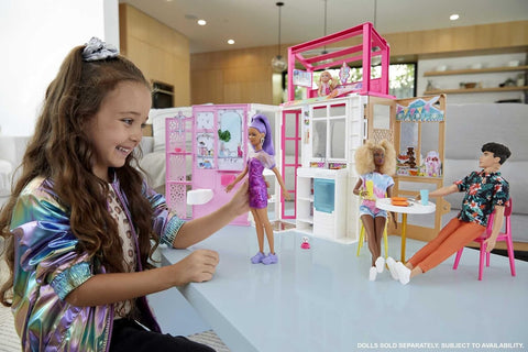 BARBIE DOLLHOUSE WITH 2 LEVELS AND 4 PLAY AREAS --بيت الدمية باربي مع مستويين و4 مناطق لعب، بيت باربي مفروش بالكامل مع جرو أليف وإكسسوارات، هدية للأطفال