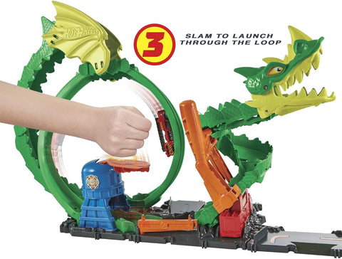 Hot Wheels  Track Set with 1:64 Scale Toy Firetruck, City Fire Station with Dragon Nemesis and Track Play, Dragon Drive Firefight--مجموعة ألعاب سيتي دراجون درايف فايرلايت من هوت ويلز، اهزم التنين بالحركات المثيرة