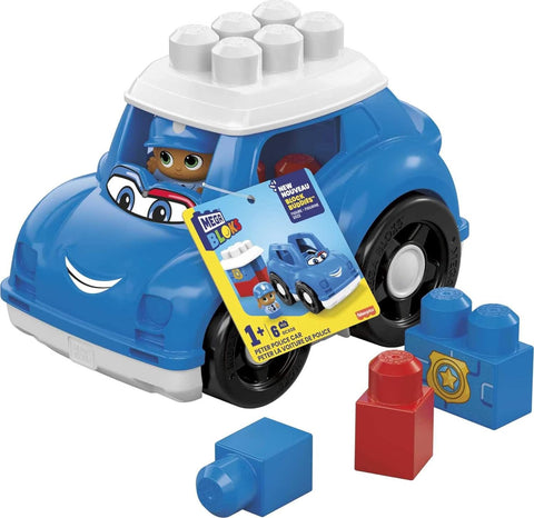 MEGA BLOKS  Peter Police Car building set with 1 police car, 1 Block Buddies  police officer and 4 big building blocks, toy gift set for ages 1 and up -- سيارة الشرطة متعددة الألوان  ميجا بلوكس المركبات الصغيرة