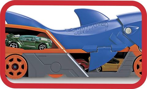 Hot Wheels  Shark Chomp Transporter Playset with One 1:64 Scale Car for Kids 4 to 8 Years Old, Shark Bite  Hauler Picks Up Cars in Its Jaws & Stores Up to Five in its Belly--مجموعة العاب ناقلة على شكل القرش تشومب من هوت ويلز مع سيارة بمقياس 1:64