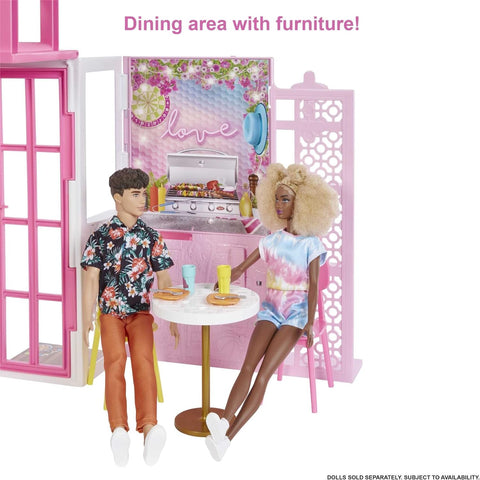 BARBIE DOLLHOUSE WITH 2 LEVELS AND 4 PLAY AREAS --بيت الدمية باربي مع مستويين و4 مناطق لعب، بيت باربي مفروش بالكامل مع جرو أليف وإكسسوارات، هدية للأطفال