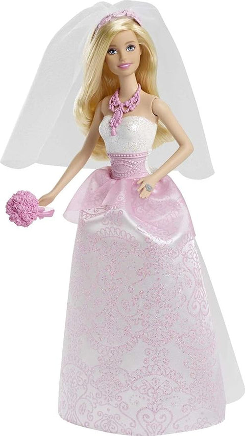 BARBIE BRIDE DOLL IN WHITE AND PINK DRESS --عروسة باربي بفستان أبيض ووردي مع حجاب وباقة زهور