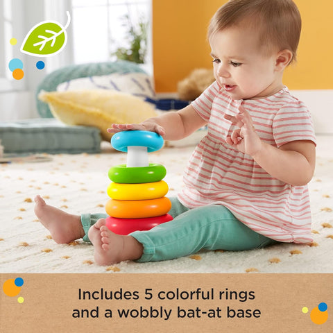 Fisher-Price Baby Stacking Toy Rock-a-Stack Rings with Roly-Poly Base for Ages 6+ Months, Made with Plant-Based Materials--لعبة تكديس الأطفال من - حلقات تكديس بقاعدة من مادة رولي بولي للأعمار من 6 أشهر فما فوق، مصنوعة من مواد نباتية  -مواد أساسها النباتات