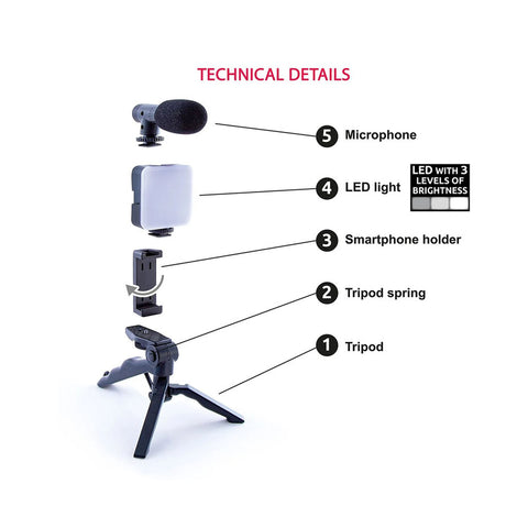 Studio Creator INF 033 Podcast and Vlogging Kit, Phone Holder, LED Light, Microphone + Tripod--ستوديو كريتور مجموعة المدونات الصوتية ومدونات الفيديو ، بلاستيك